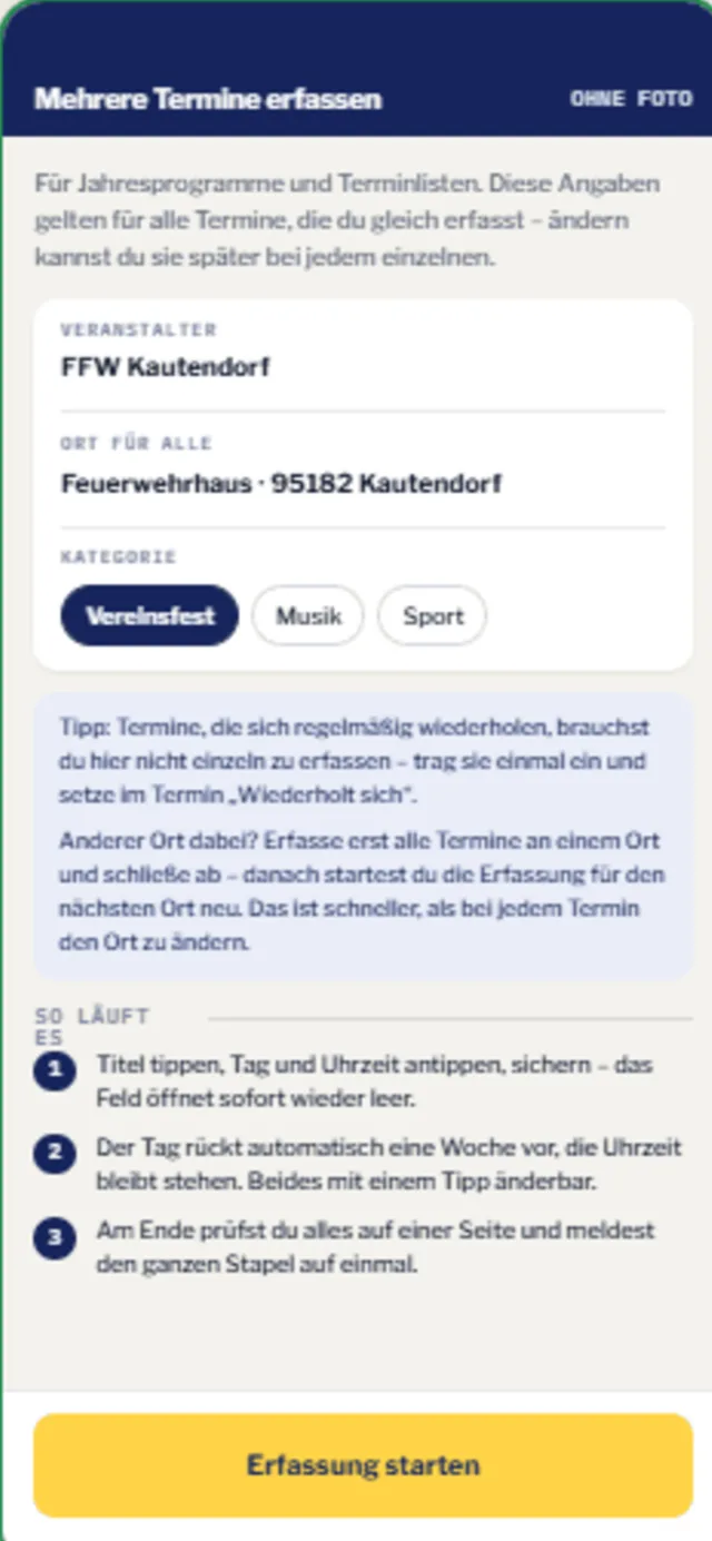 Schnellerfassung, Einstieg